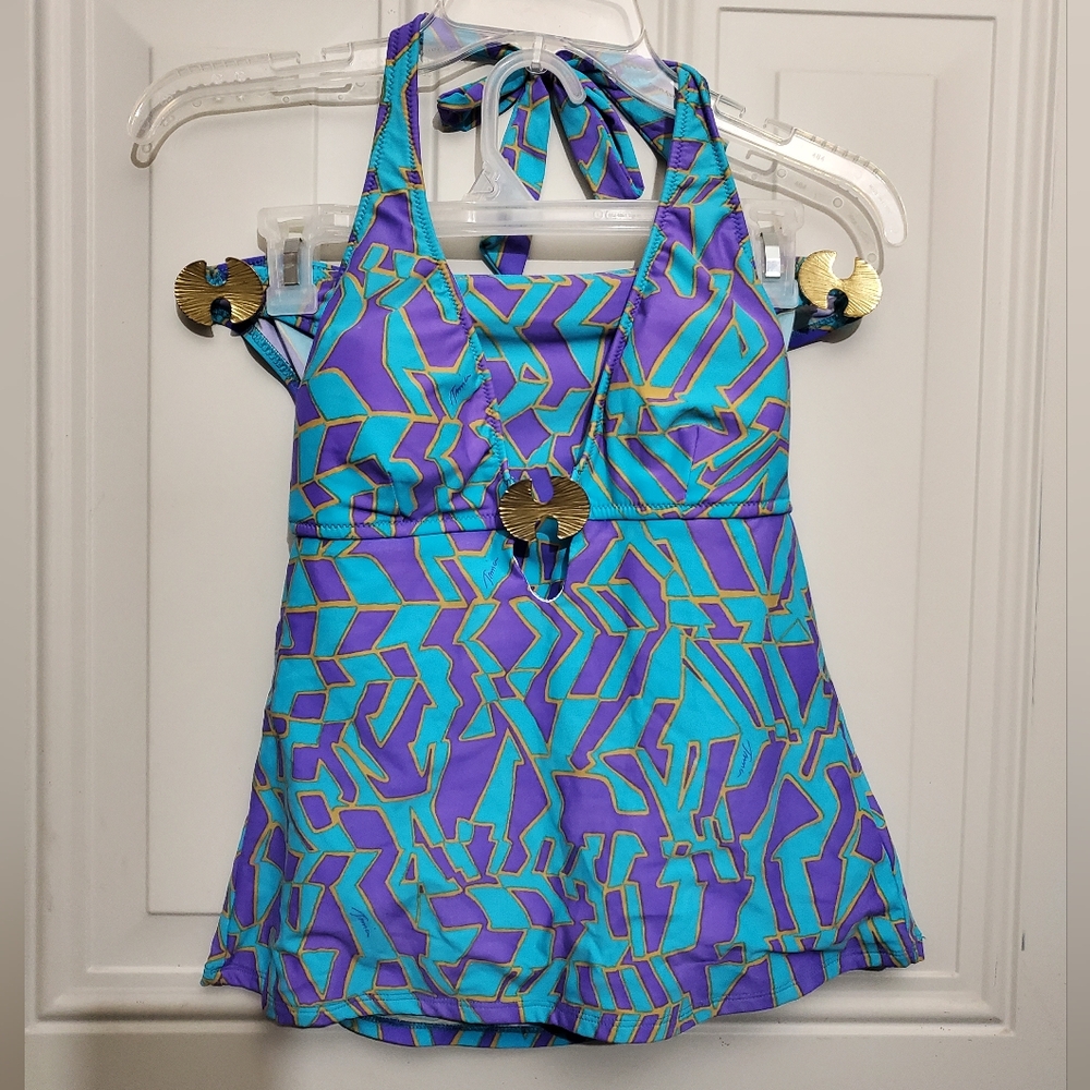 Trina Turk Blue and Purple One Piece Swimsuit with Halter Neck